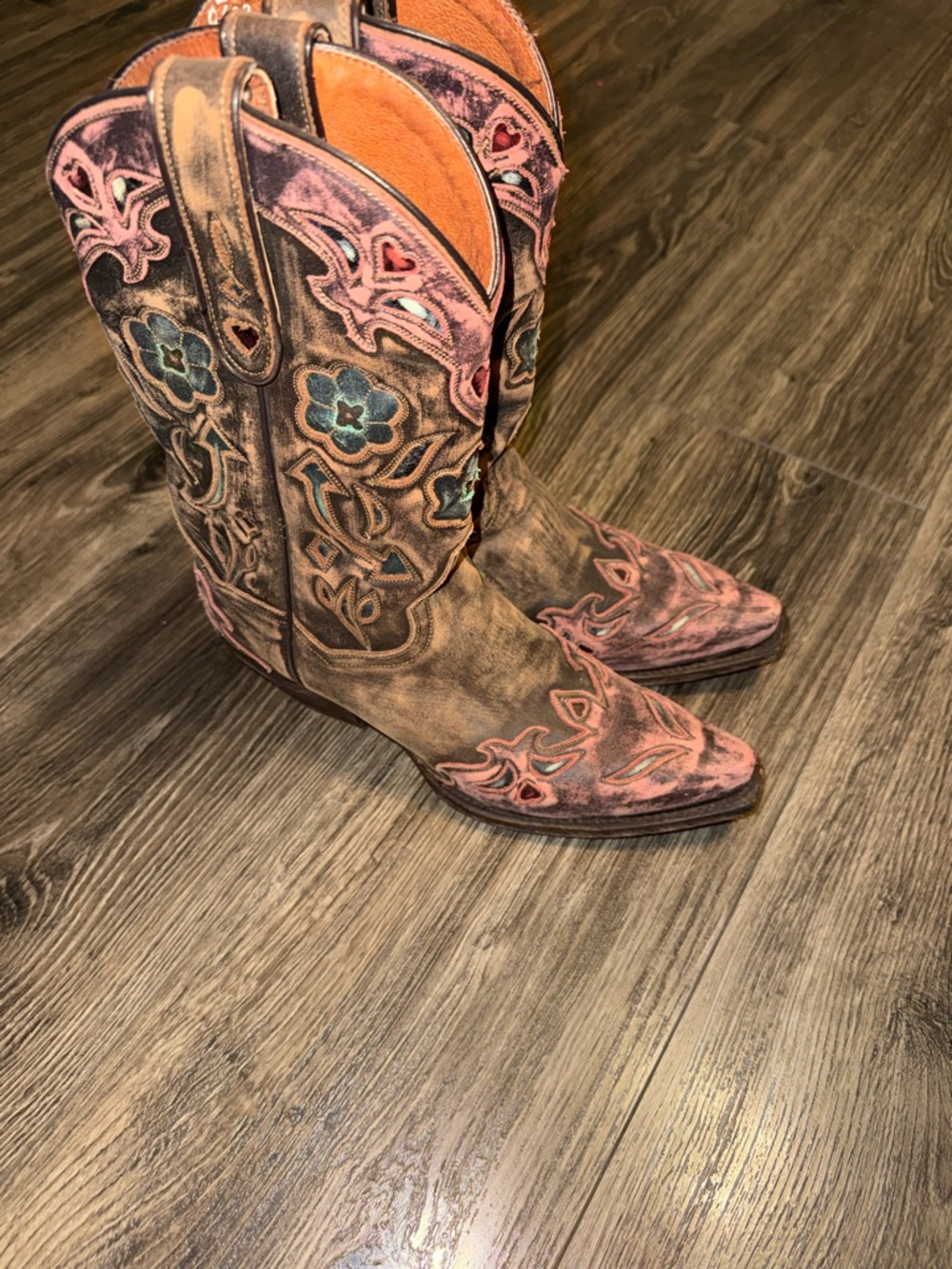 Dan Post Brown Cowboy Boots with Pink & Teal Flower Embroidery
